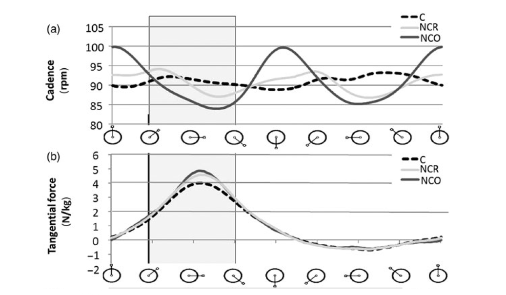 Strutzenberger & al, 2014. Effect of chainring ovality on joint power during cycling at different workloads and cadences.         C = cirkelvormig kettingblad, NCR = Rotor niet-cirkelvormig, NCO = Osymetric niet-cirkelvormig