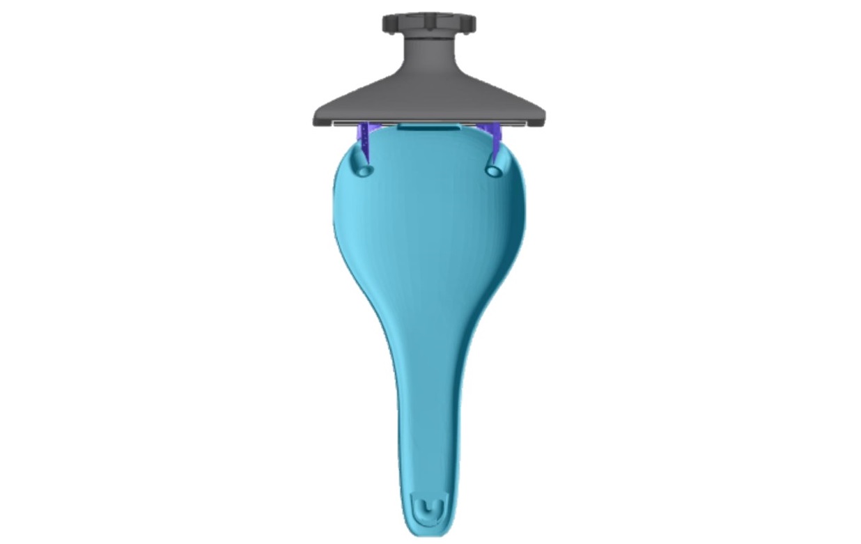 Het zadel is in het blauw, de steunen in het paars. (Chen et al., 3D Printed Hybrid Composite Structures – Design and Optimization of a Bike Saddle, April 2020)