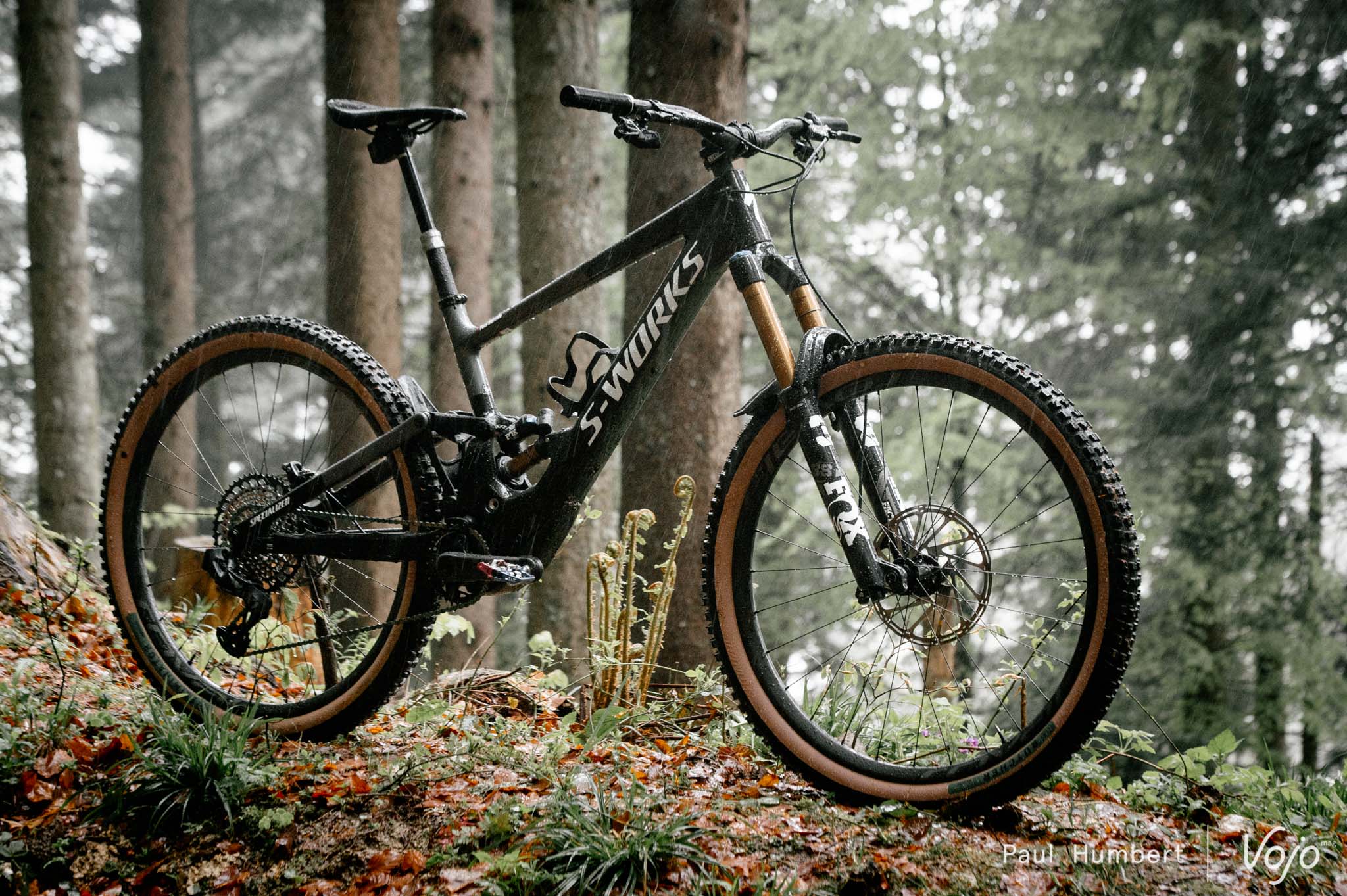 De S-Works op bovenstaande foto is uitgerust met een speciale serie banden, Soil Searching, waarmee Specialized promotie wil voeren voor de trail builders. Op het seriemodel van de S-Works worden banden uit het klassieke assortiment gemonteerd, met zwarte flanken.