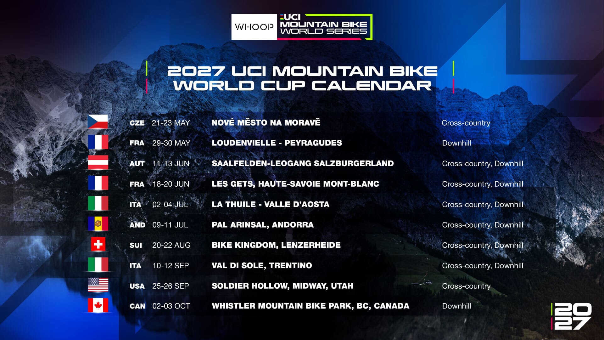 Kalender UCI Mountain Bike World Series 2027 telt 8 XC-wedstrijden